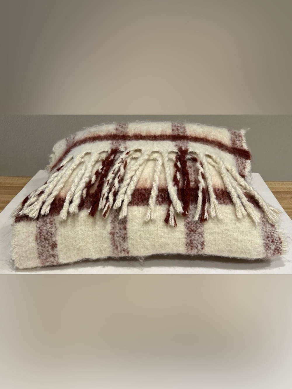 Banana Republic Plaid Scarf Cream Burgundy Fringe 100% Polyester NWT $65